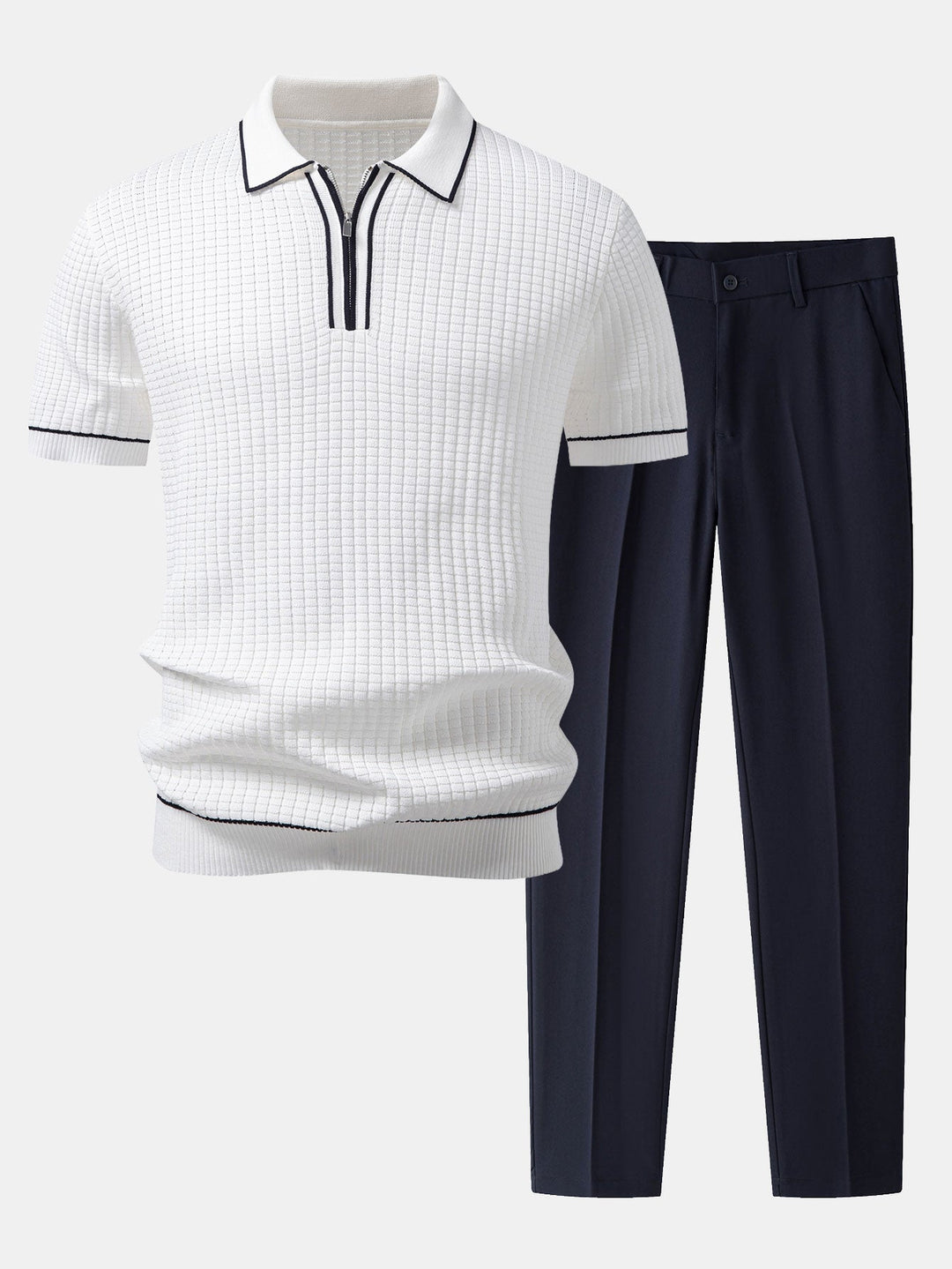 Contrast Trim Waffle Zipper Knit Polo &amp; Slim Fit Tapered Trousers