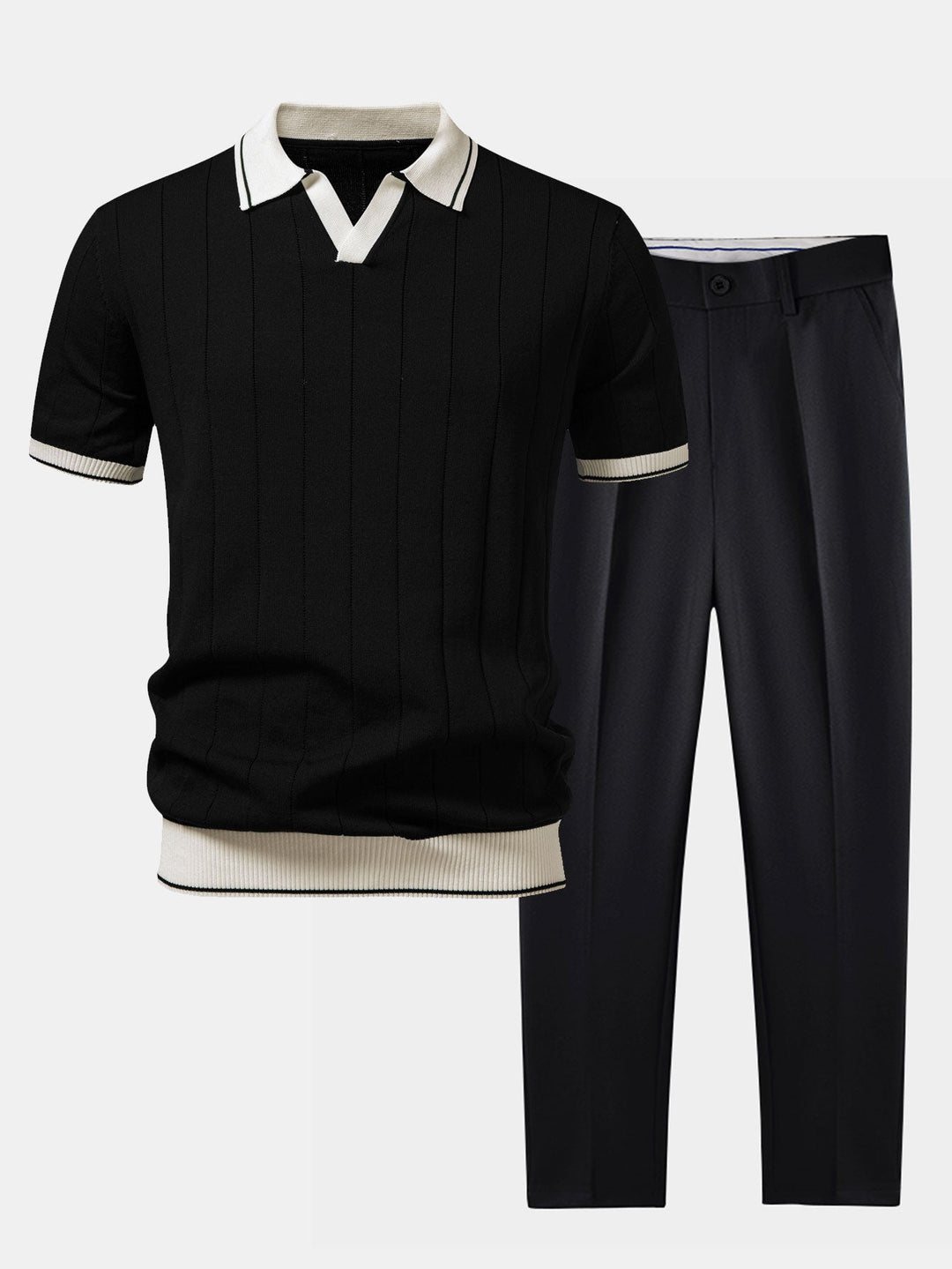 Contrast Trim Ribbed Johnny Collar Knit Polo &amp; Slim Fit Tapered Trousers