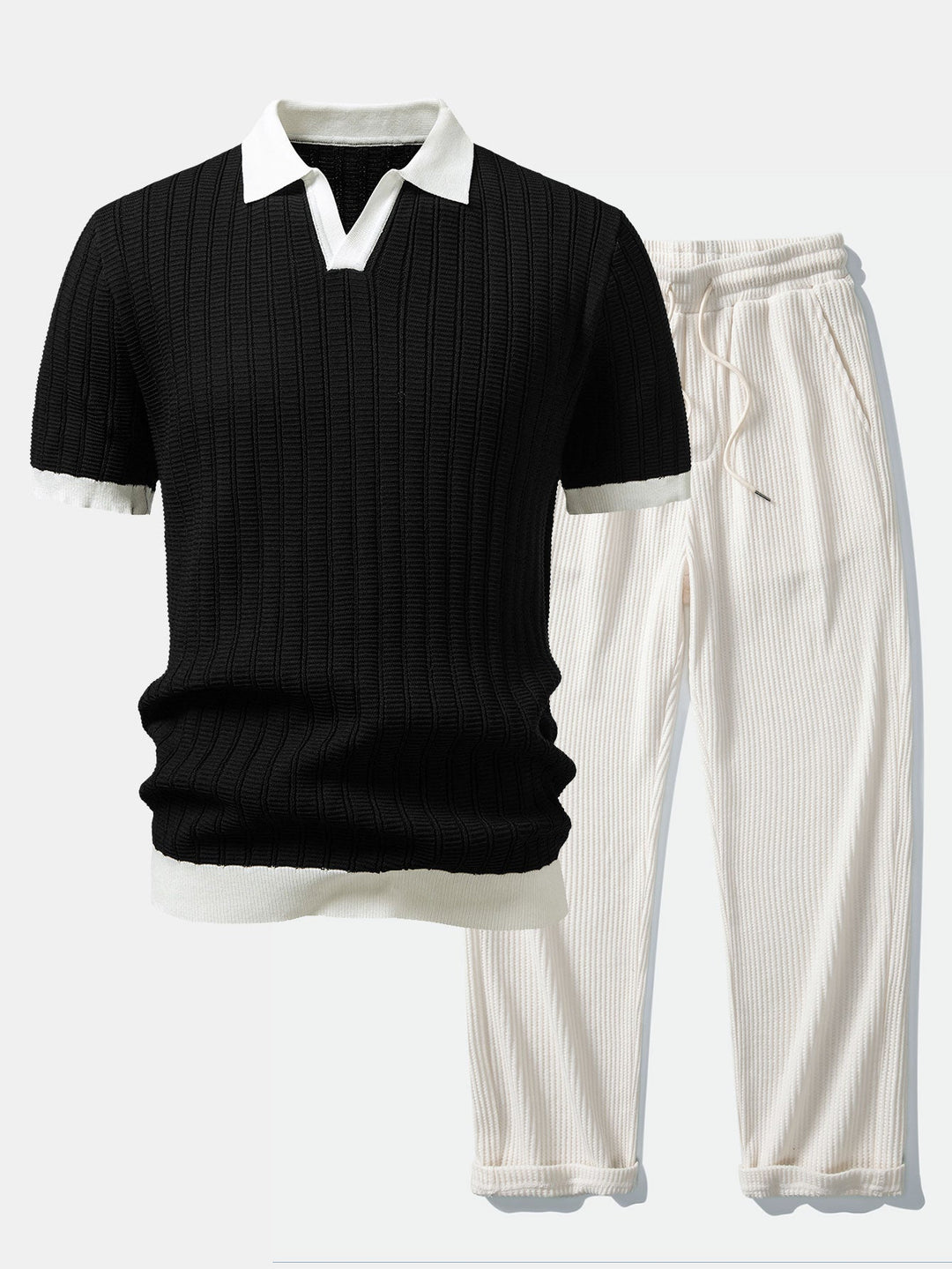 Contrast Textured Johnny Collar Knit Polo &amp; Drawstring Knitted Waffle Pants