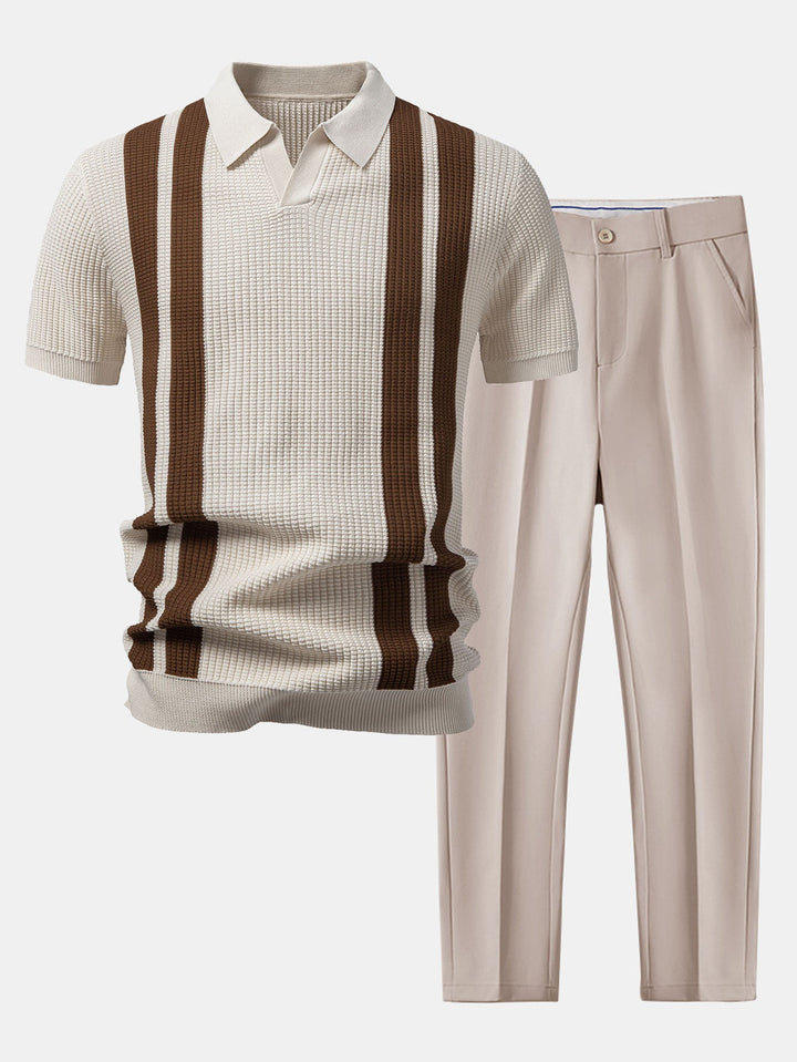 Stripe Johnny Collar Knit Polo &amp; Slim Fit Tapered Trousers