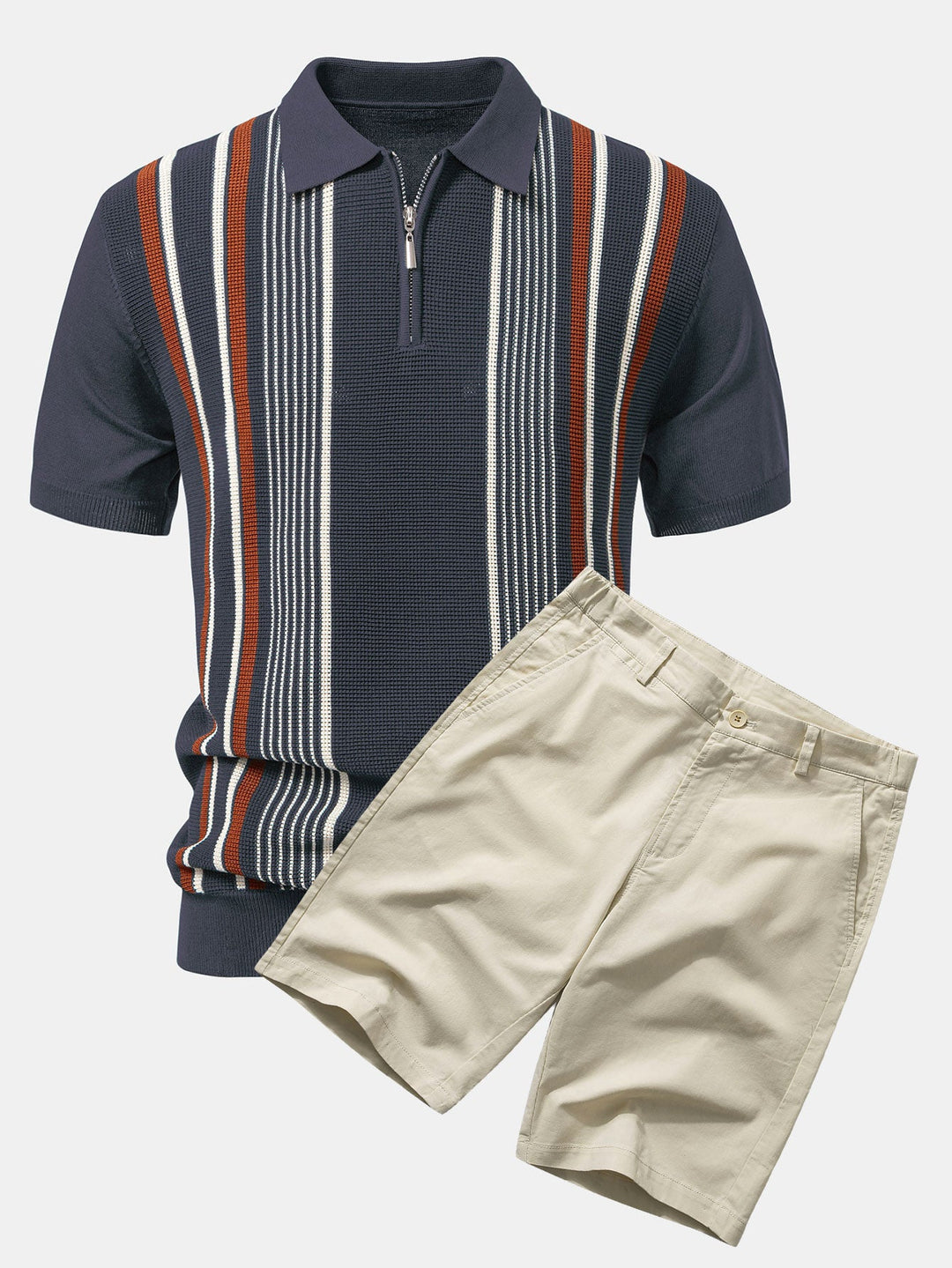 Stripe Knit Zip Up Polo Shirt &amp; Cotton Chino Shorts