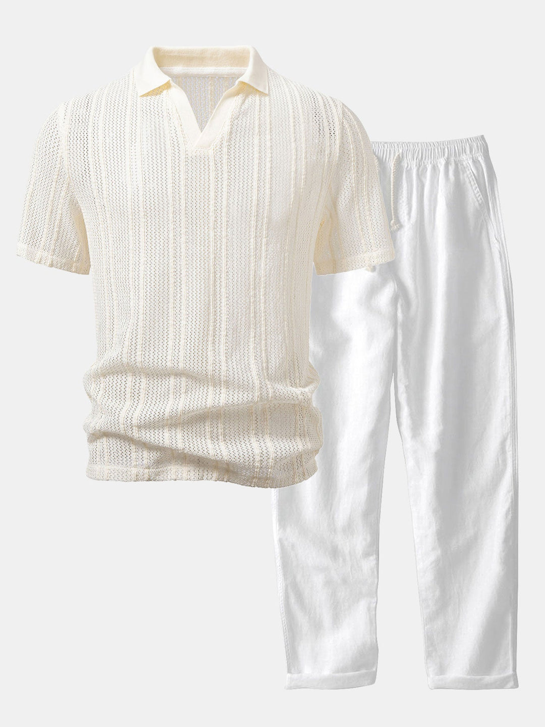 Relax Fit Striped Open Knit Polo &amp; Straight Leg Linen Pants