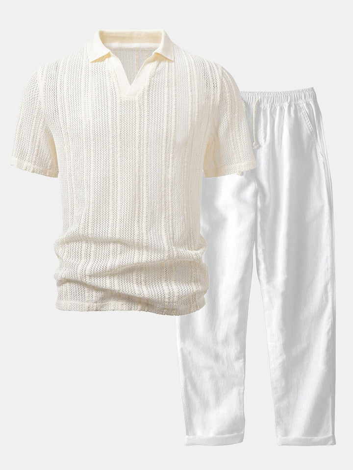 Relax Fit Striped Open Knit Polo &amp; Straight Leg Linen Pants