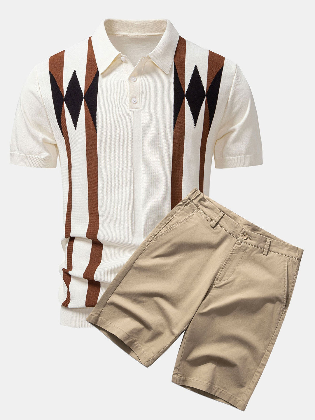 Stripe Geometric Jacquard Knitted Polo Shirt &amp; Cotton Chino Shorts