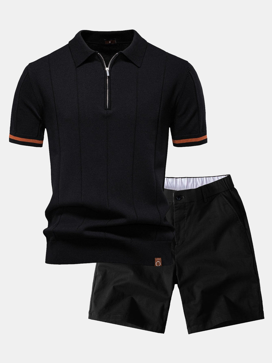Contrast Trim Zipper Knit Polo Shirt &amp; Elastic Waist Chino Shorts