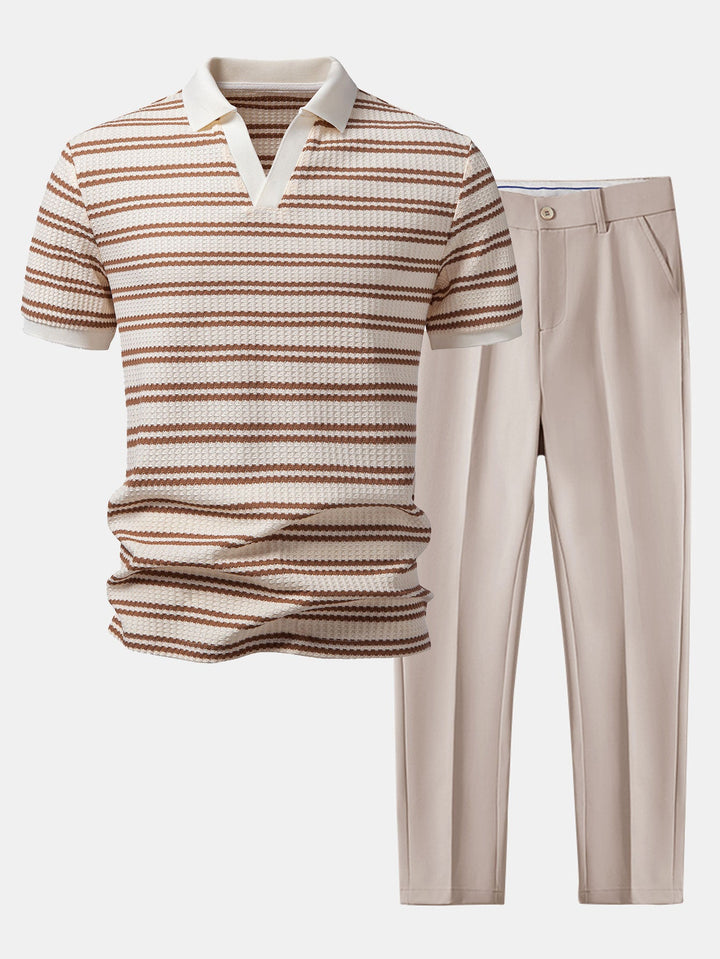 Stripe Waffle Johnny Collar Polo &amp; Slim Fit Tapered Trousers