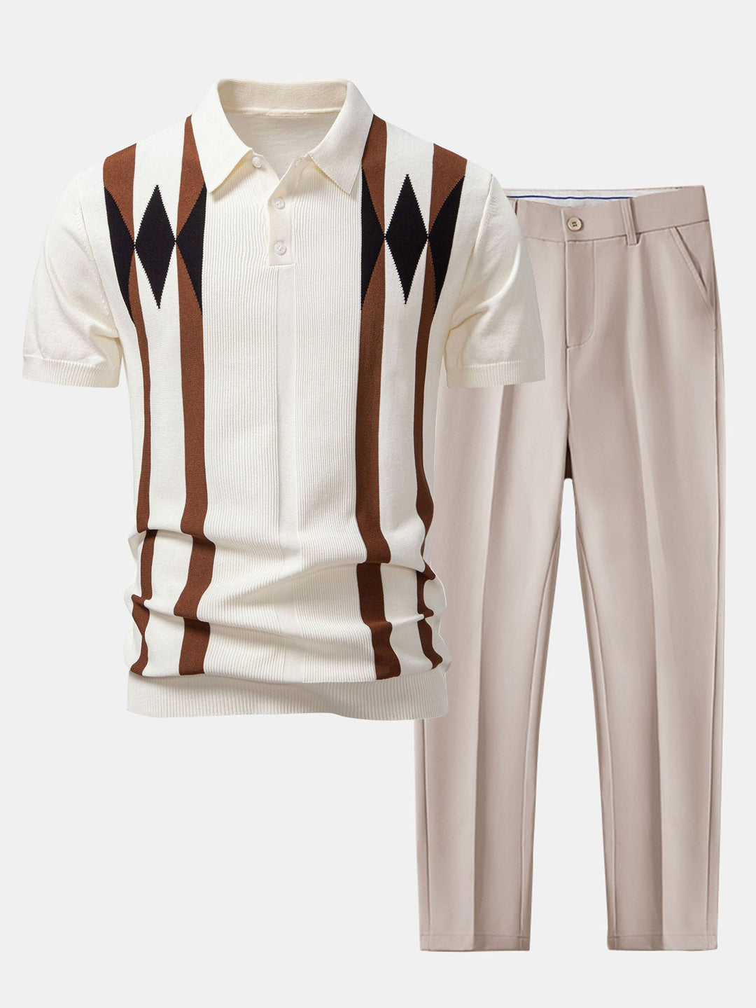 Stripe Geometric Jacquard Knitted Polo Shirt &amp; Slim Fit Tapered Trousers