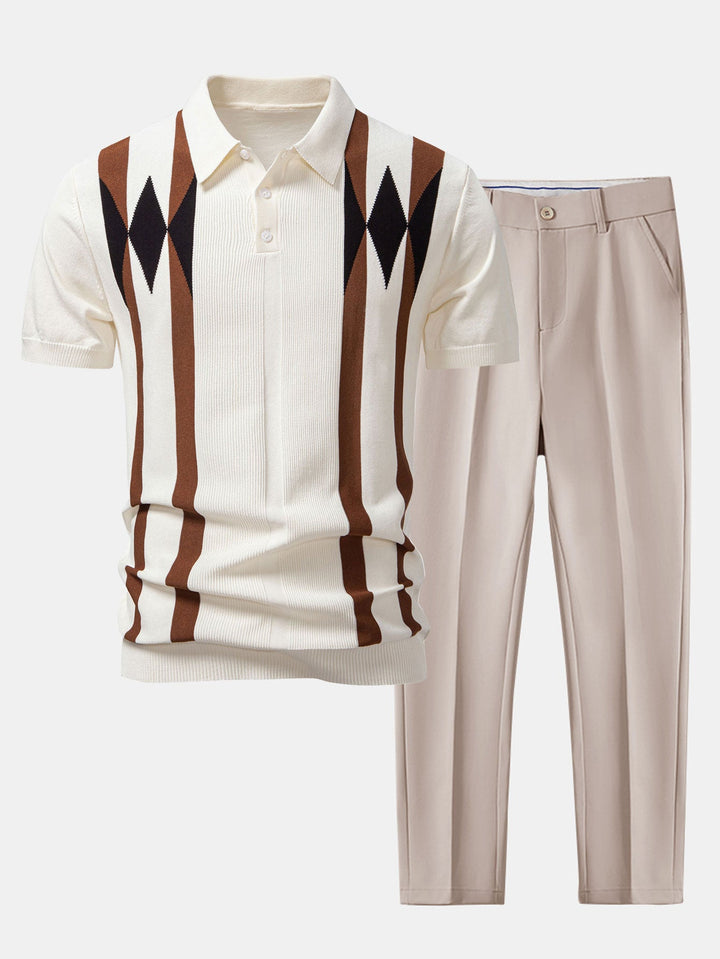 Stripe Geometric Jacquard Knitted Polo Shirt &amp; Slim Fit Tapered Trousers