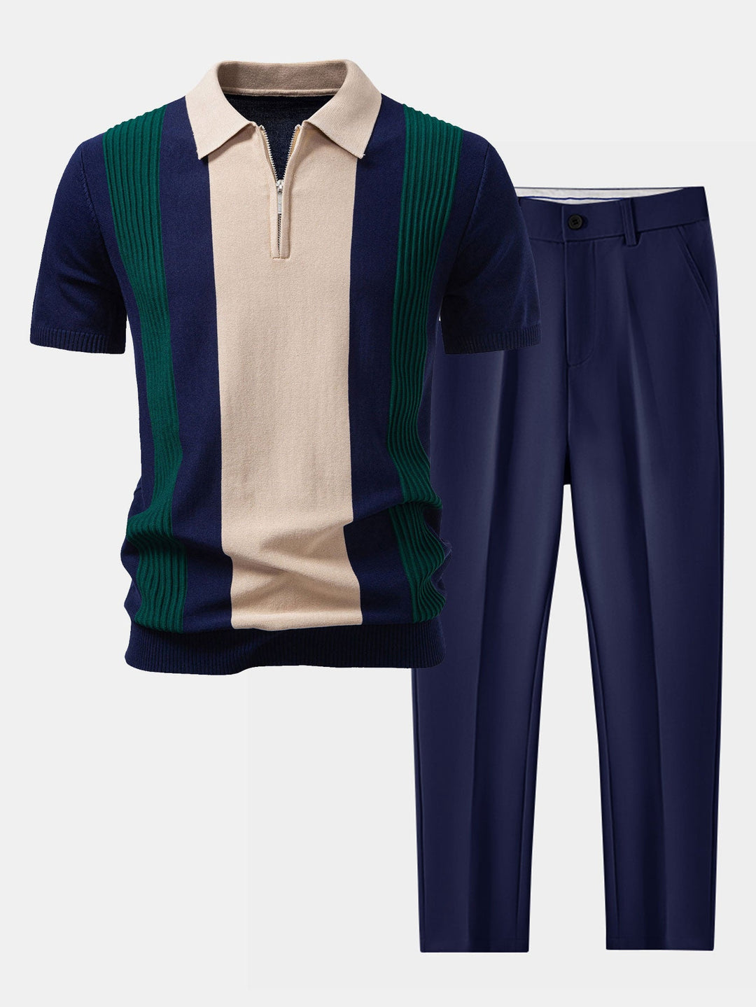 Textured Color Block Knit Polo &amp; Slim Fit Tapered Trousers