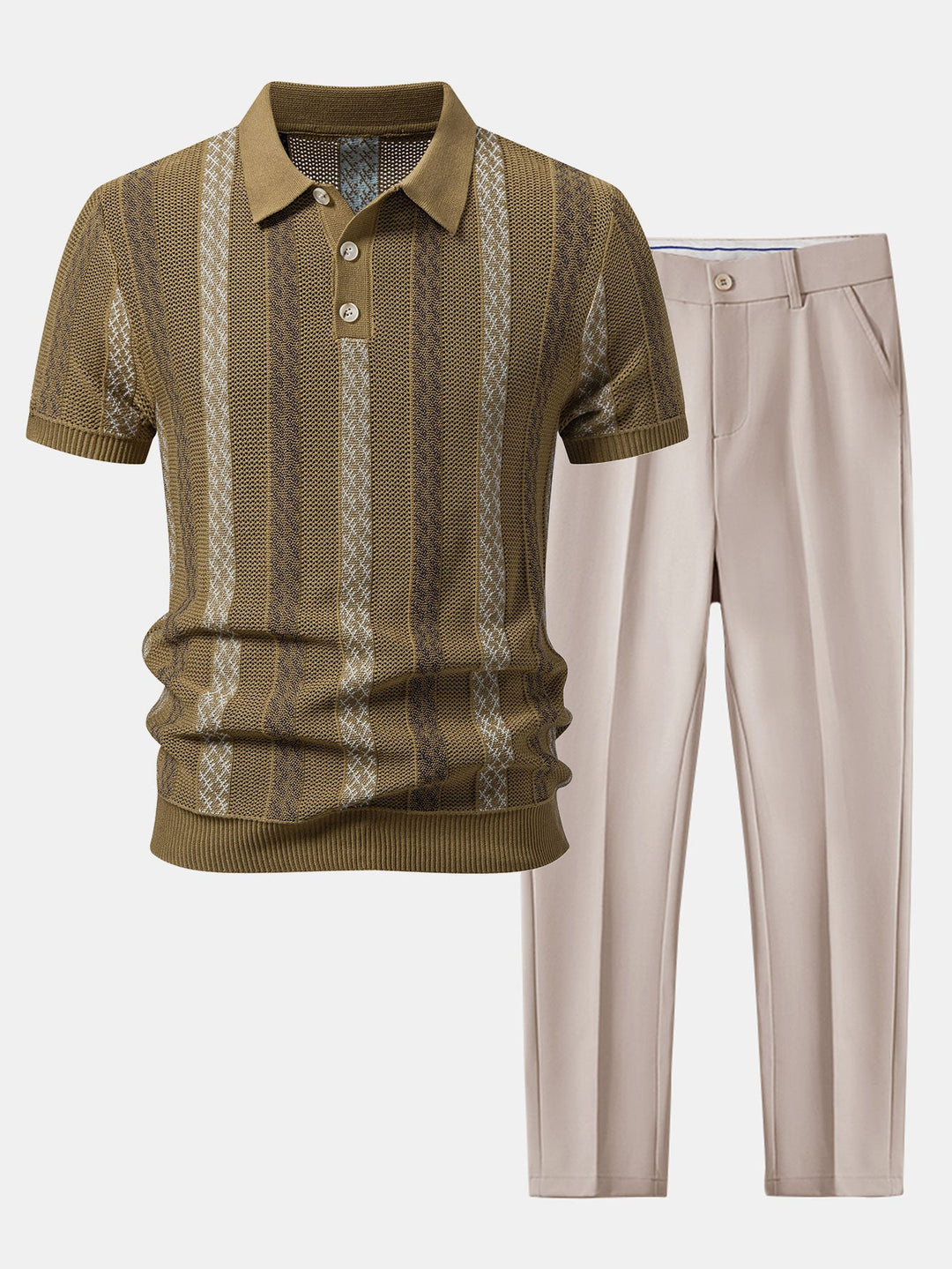 Striped Textured Knit Polo &amp; Slim Fit Tapered Trousers