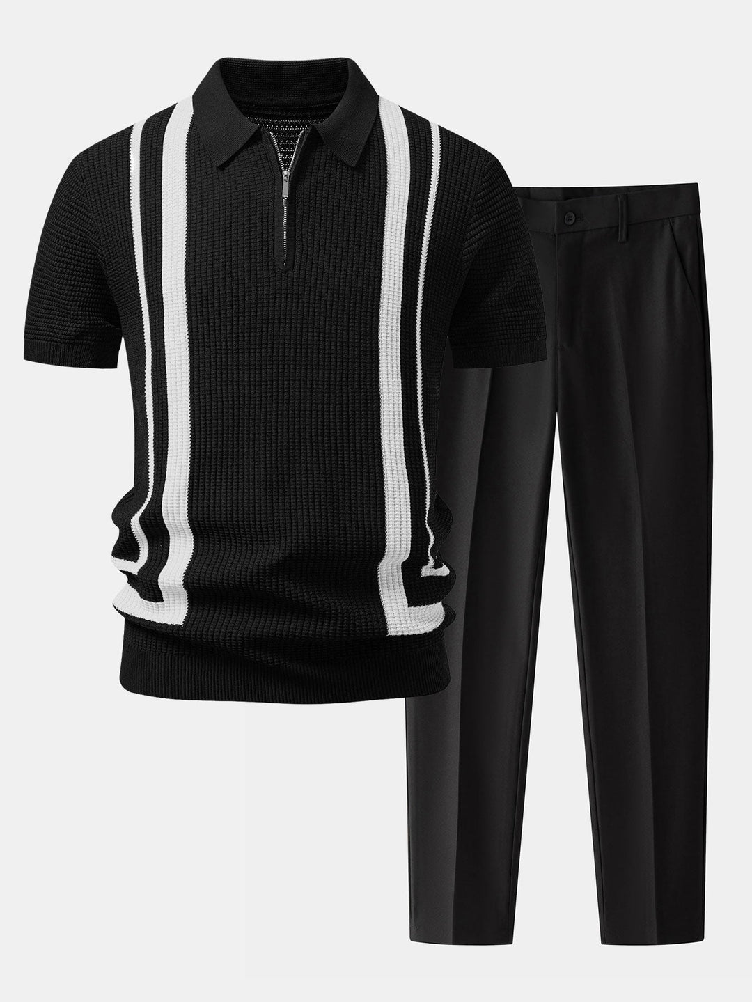 Contrast Waffle Zipper Knit Polo &amp; Slim Fit Tapered Trousers