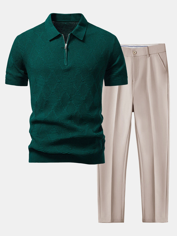 Rhombus Textured Zip Up Knitted Polo Shirt &amp; Slim Fit Tapered Trousers