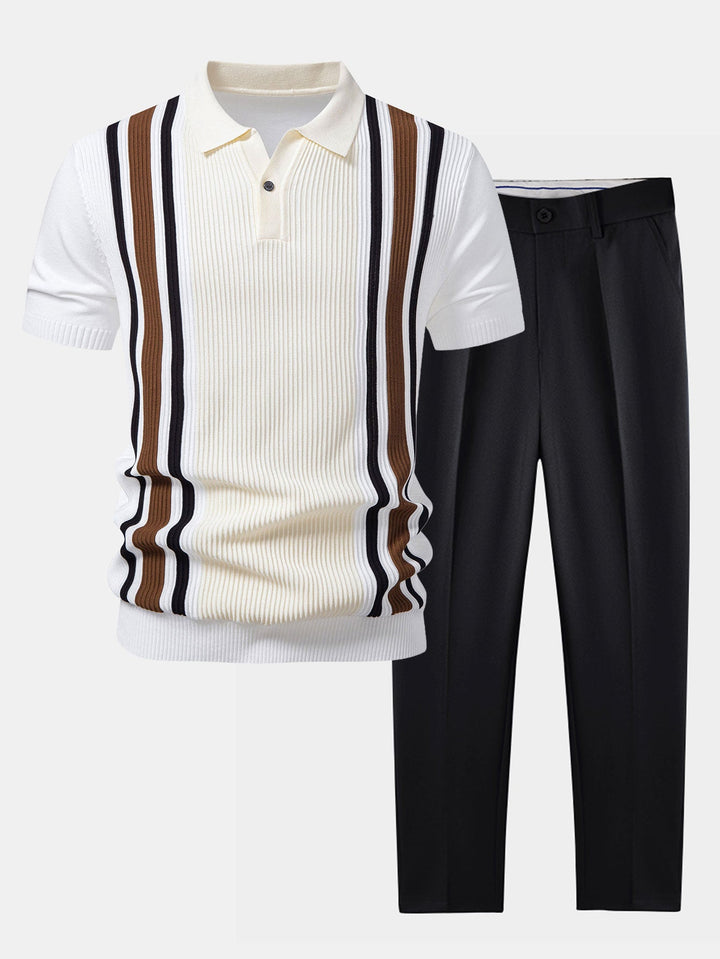 Contrast Striped Ribbed Knit Polo &amp; Slim Fit Tapered Trousers