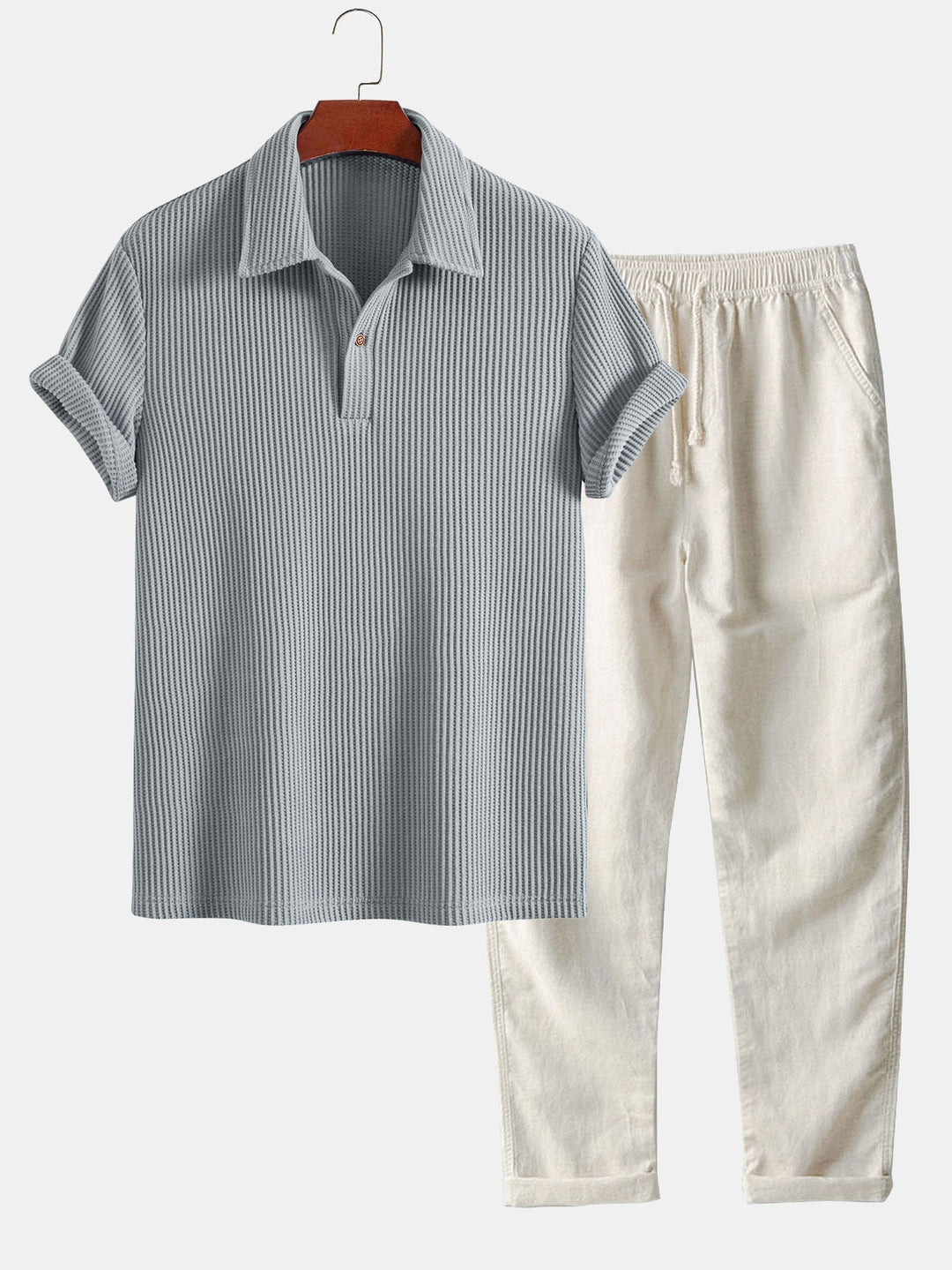 Short Sleeved Waffle Polo &amp; Straight Leg Linen Pants
