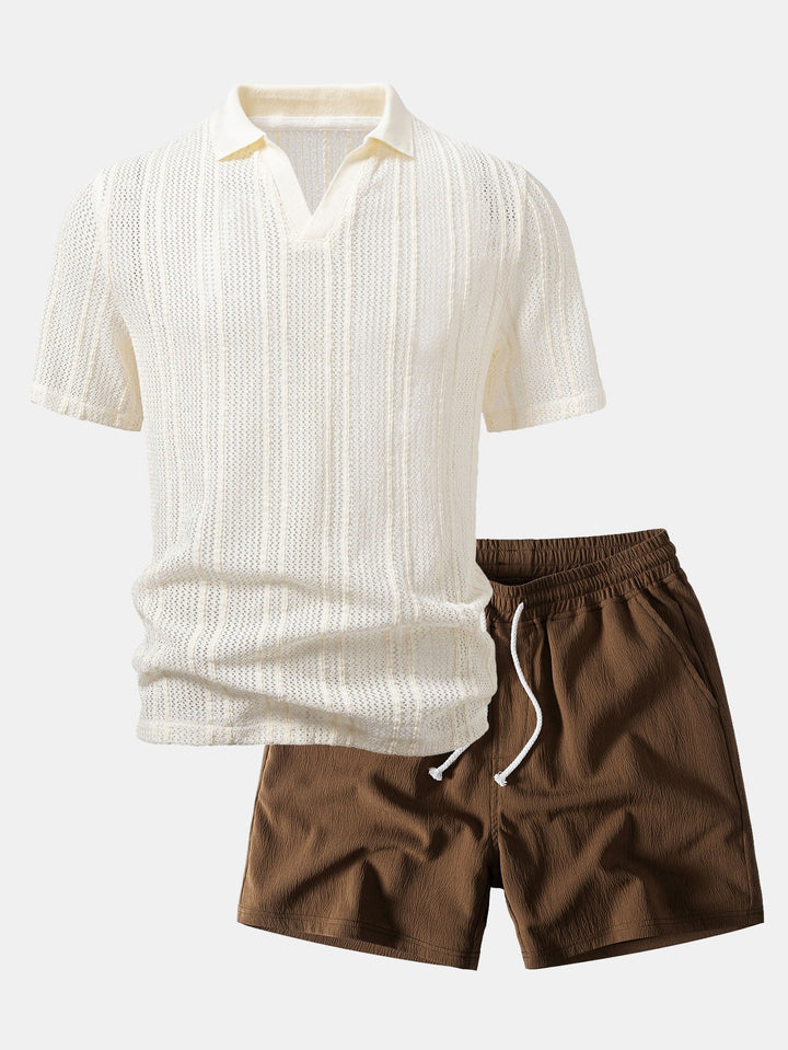 Relax Fit Striped Open Knit Polo &amp; Crinkle Textured Drawstring 5" Shorts