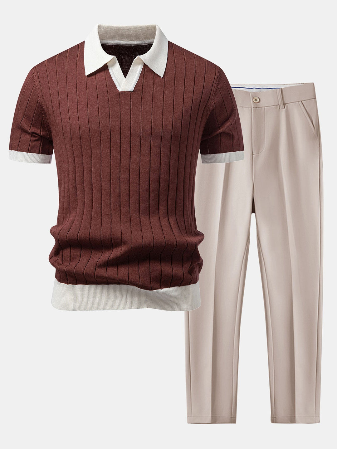 Contrast Trim Stripe Johnny Collar Polo &amp; Slim Fit Tapered Trousers