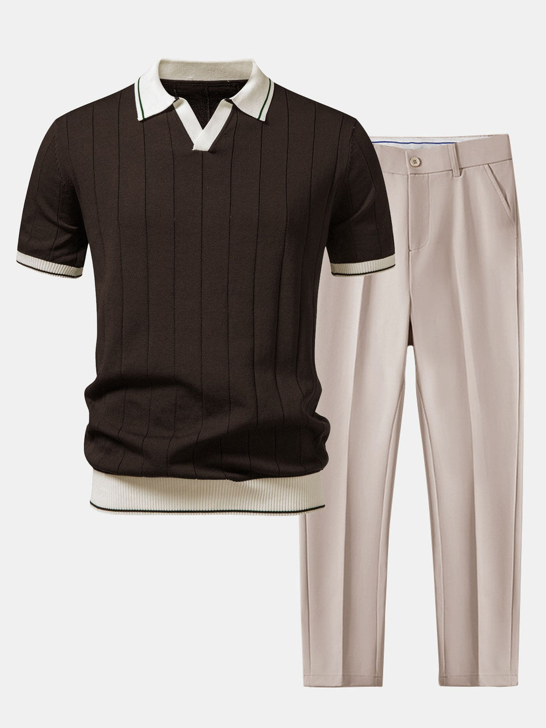 Contrast Trim Ribbed Johnny Collar Knit Polo &amp; Slim Fit Tapered Trousers