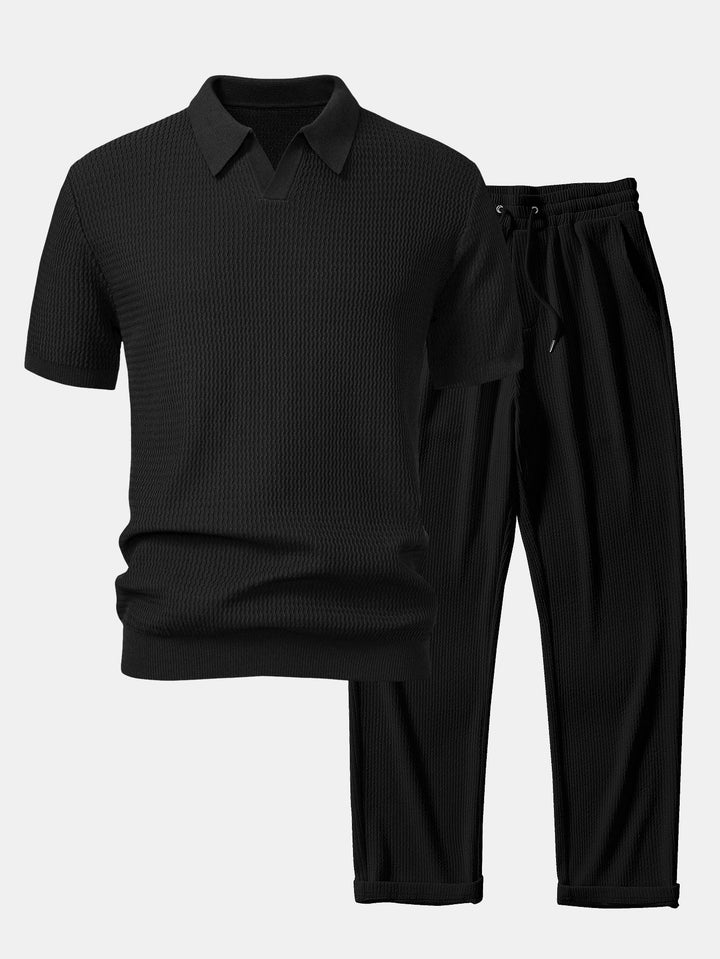 Wave Jacquard Knit V Neck Polo Shirt &amp; Straight Leg Ribbed Pants