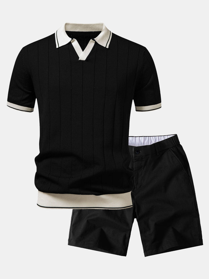 Contrast Trim Ribbed Johnny Collar Knit Polo &amp; Elastic Waist Chino Shorts