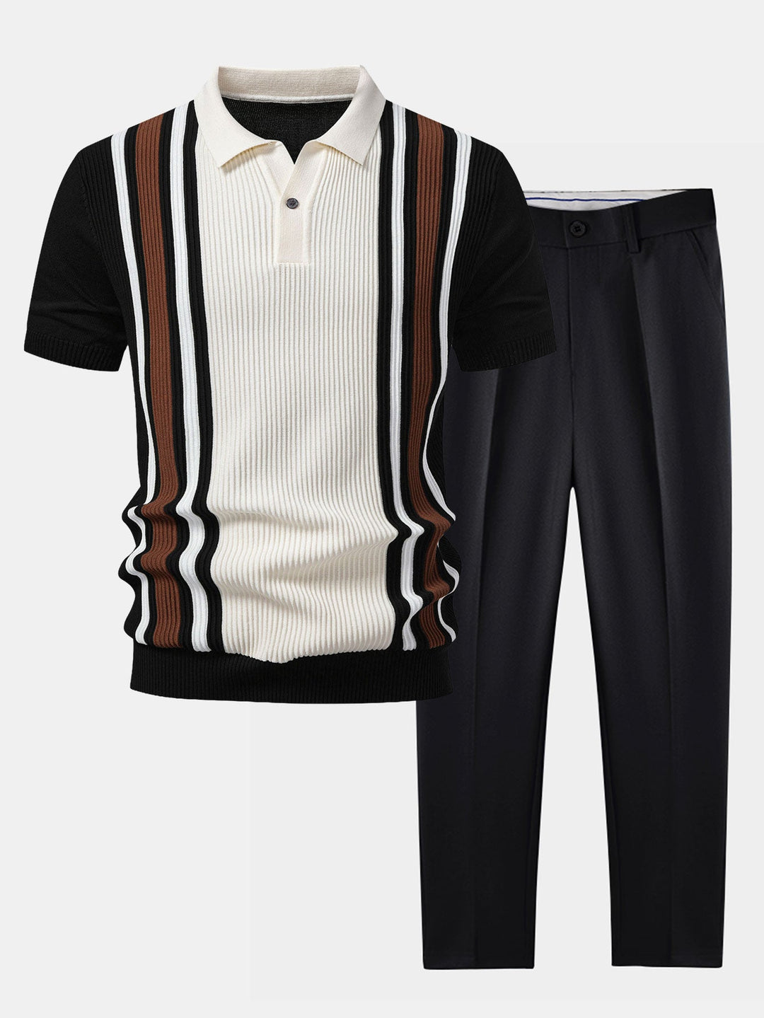 Contrast Striped Ribbed Knit Polo &amp; Slim Fit Tapered Trousers