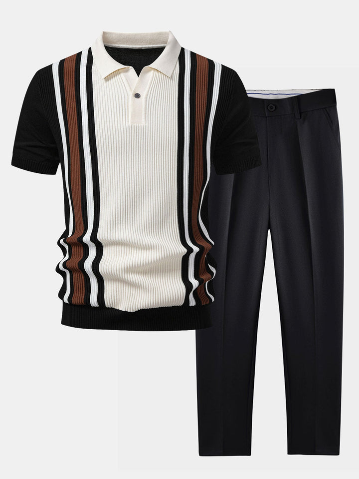 Contrast Striped Ribbed Knit Polo &amp; Slim Fit Tapered Trousers