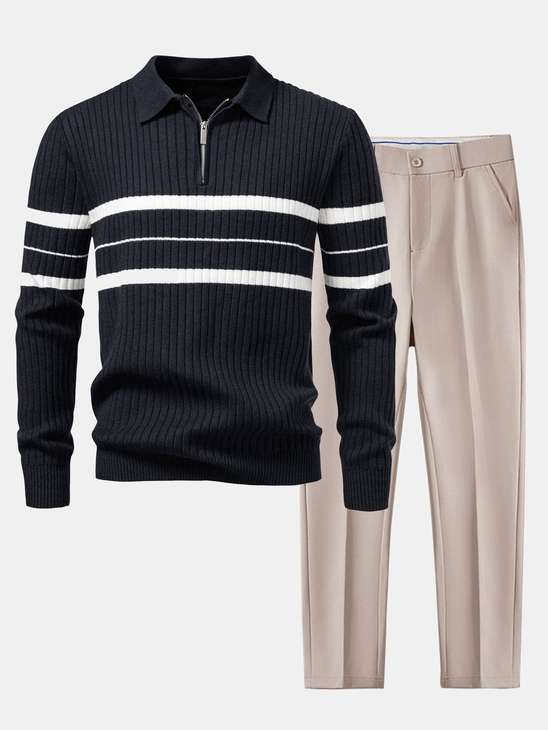 Stripe Zip Knit Ribbed Polo Shirt &amp; Slim Fit Tapered Trousers