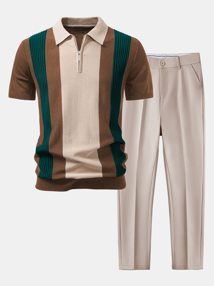 Textured Color Block Knit Polo &amp; Slim Fit Tapered Trousers