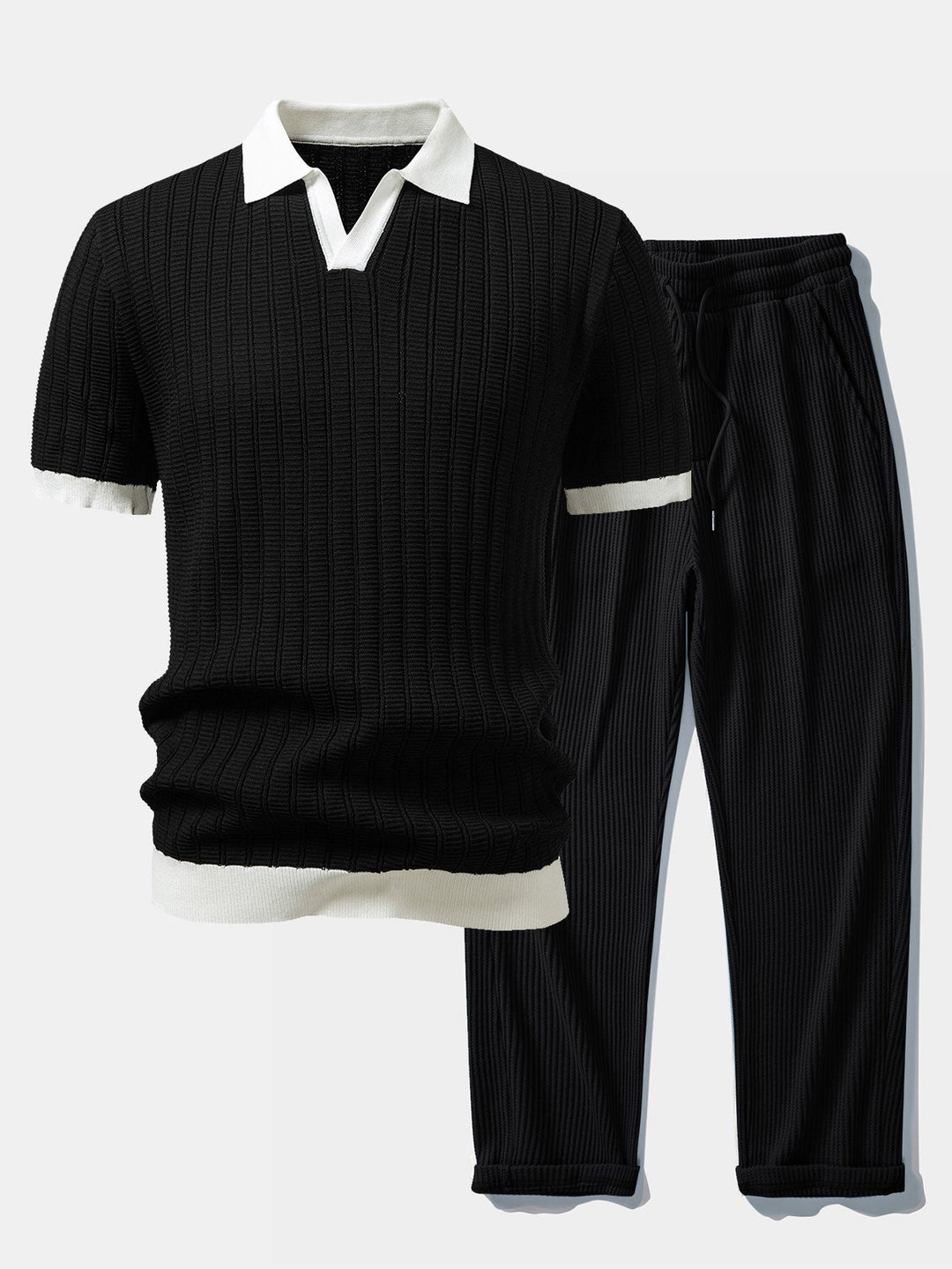 Contrast Textured Johnny Collar Knit Polo &amp; Drawstring Knitted Waffle Pants
