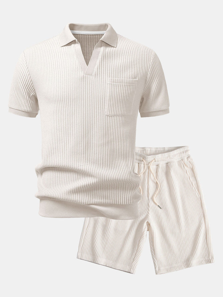 Waffle Johnny Collar Polo With Pocket &amp; Drawstring Knitted Waffle Shorts