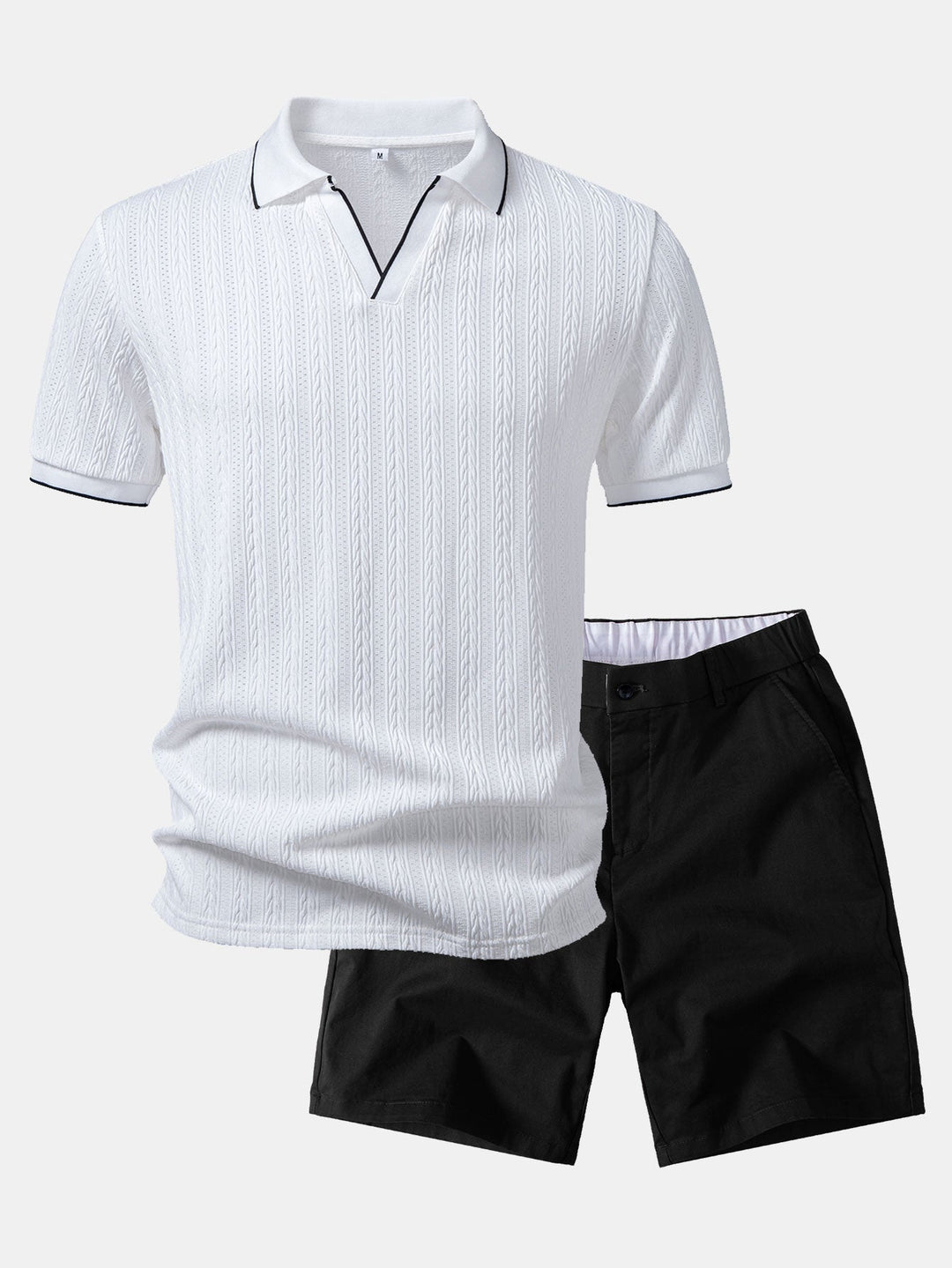 Geometric Jacquard Johnny Collar Polo &amp; Elastic Waist Chino Shorts