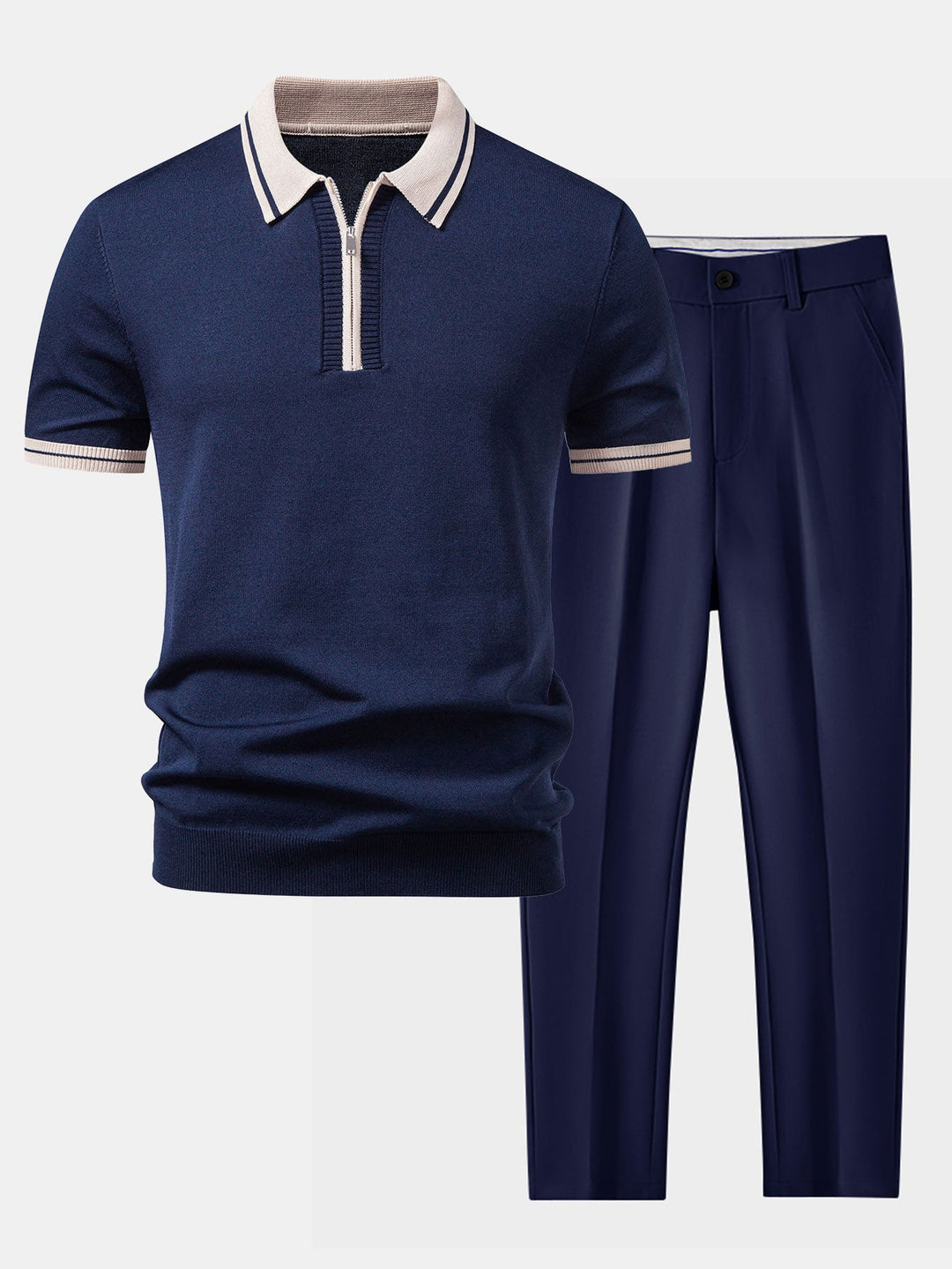 Contrast Trim Zipper Knit Polo &amp; Slim Fit Tapered Trousers