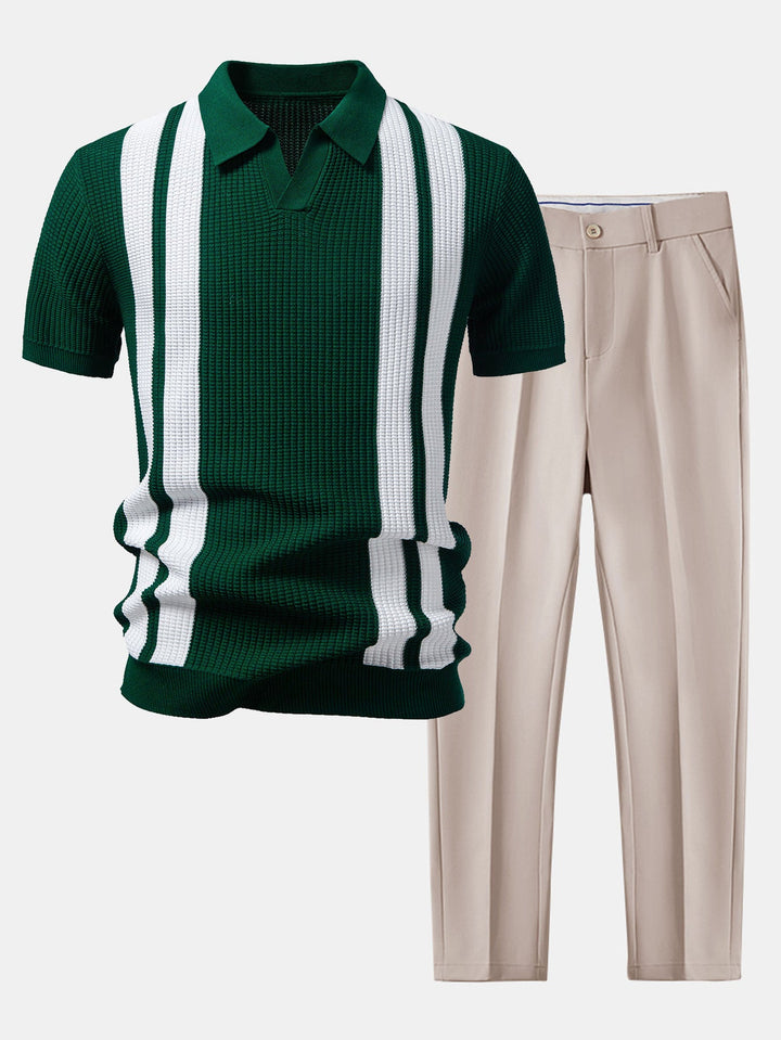 Stripe Johnny Collar Knit Polo &amp; Slim Fit Tapered Trousers