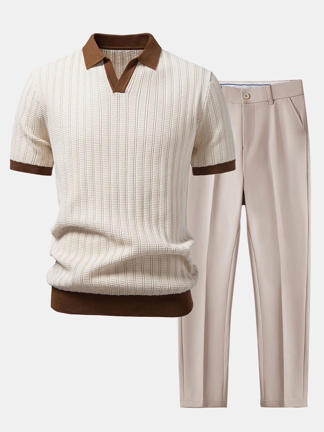 Contrast Textured Johnny Collar Knit Polo &amp; Slim Fit Tapered Trousers
