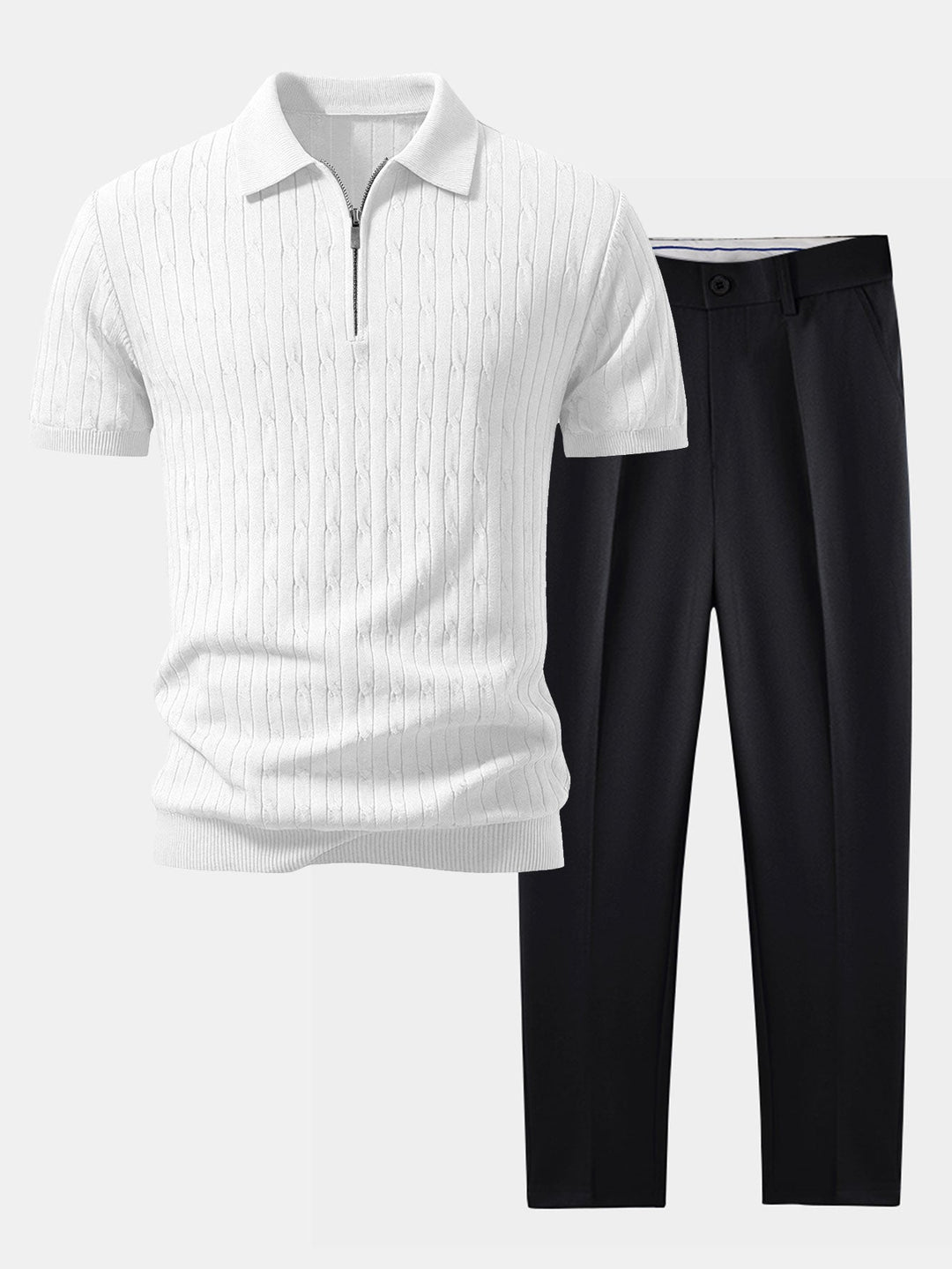 Twisted Jacquard Zipper Knit Polo &amp; Slim Fit Tapered Trousers