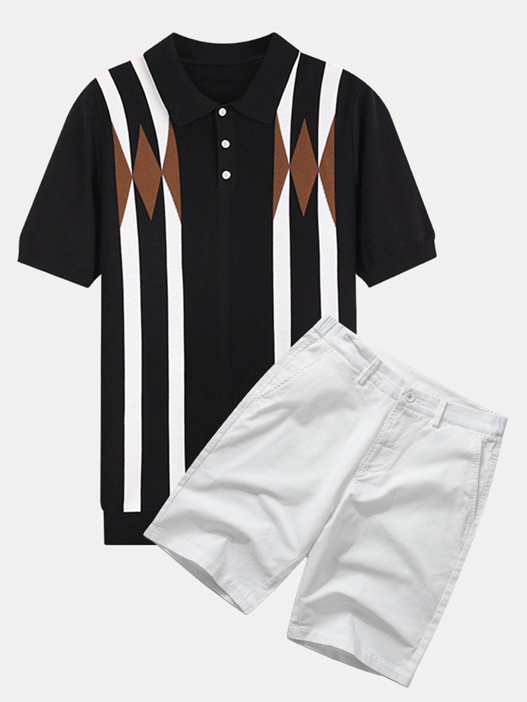 Stripe Geometric Jacquard Knitted Polo Shirt &amp; Cotton Chino Shorts