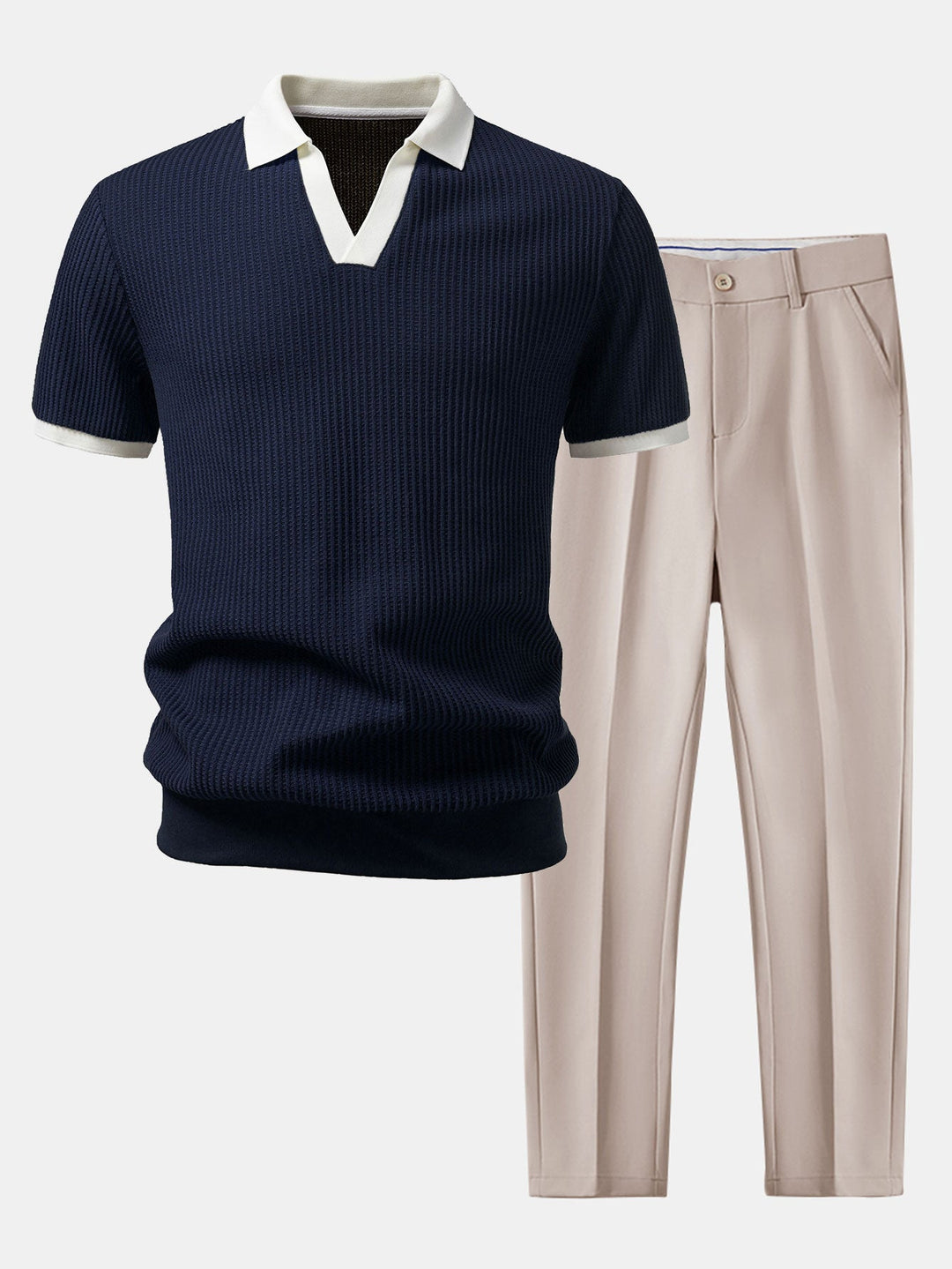 Contrast Knit Waffle Johnny Collar Polo &amp; Slim Fit Tapered Trousers