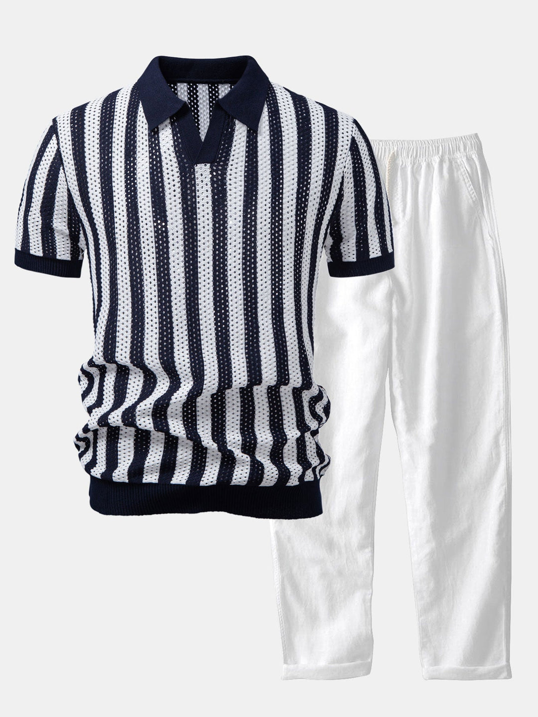 Stripe Johnny Collar Open Knit Polo &amp; Straight Leg Linen Pants