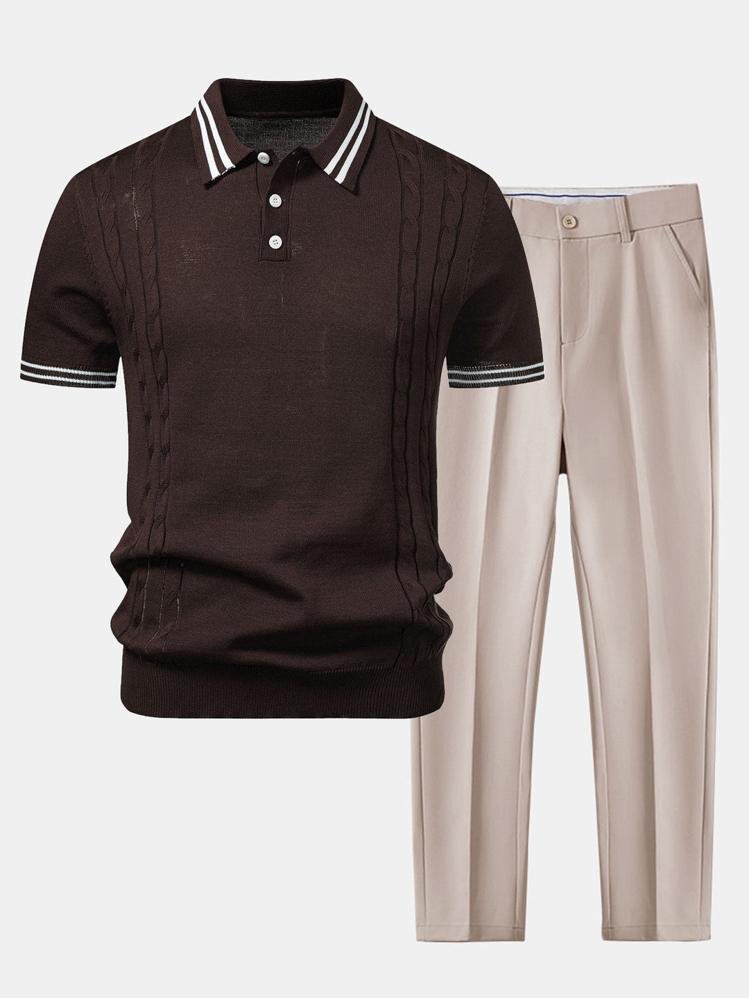 Contrast Trim Twisted Jacquard Knit Polo &amp; Slim Fit Tapered Trousers