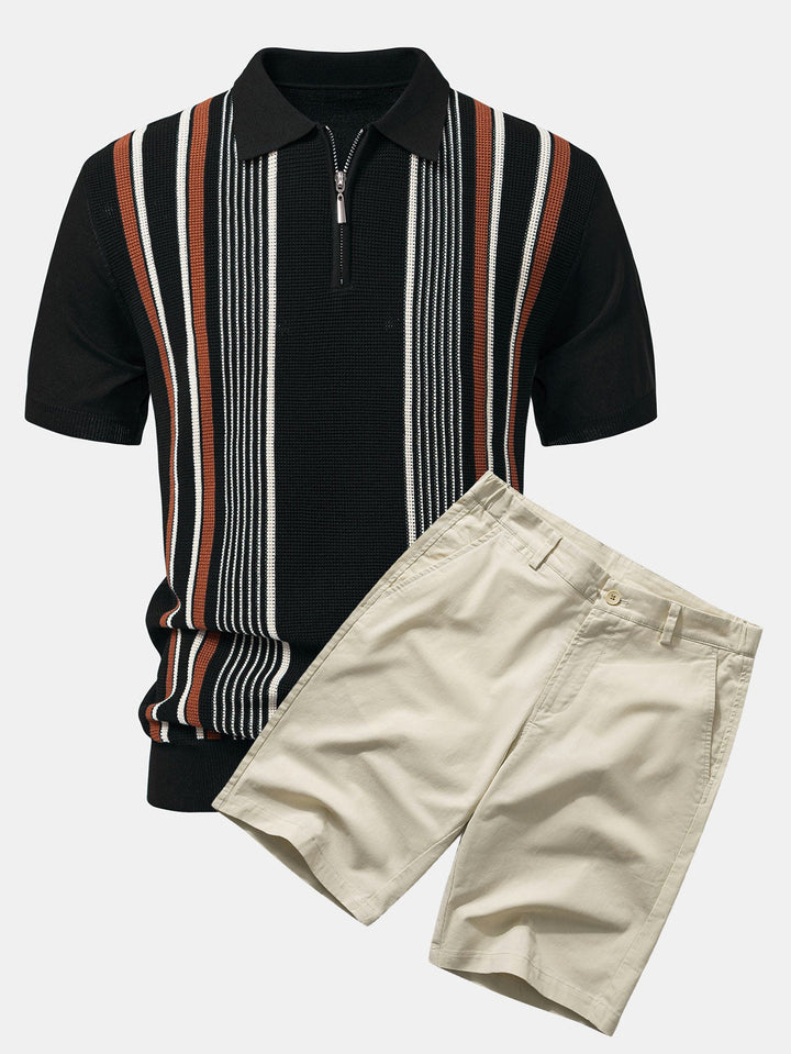 Stripe Knit Zip Up Polo Shirt &amp; Cotton Chino Shorts