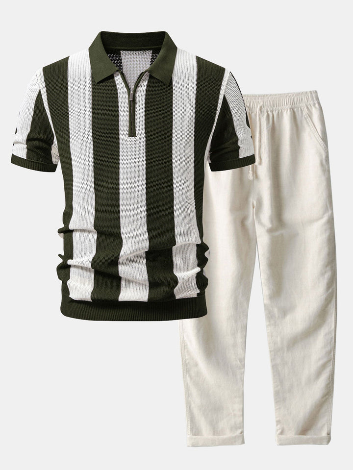 Stripe Zipper Open Knit Polo &amp; Straight Leg Linen Pants