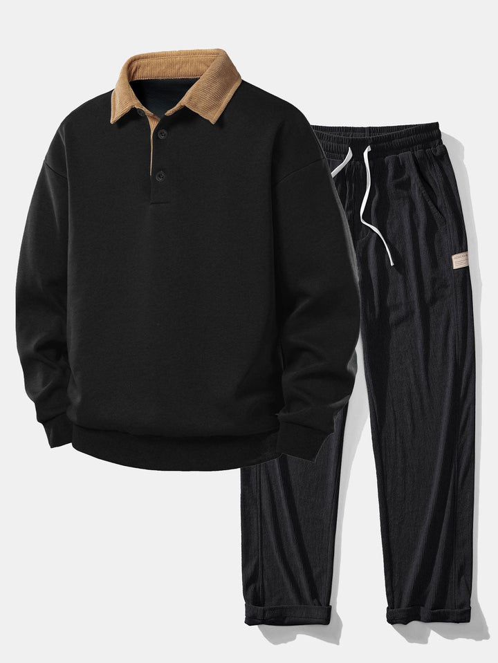 Relax Fit Contrast Corduroy Polo Collar Sweatshirt &amp; Straight Leg Corduroy Pants