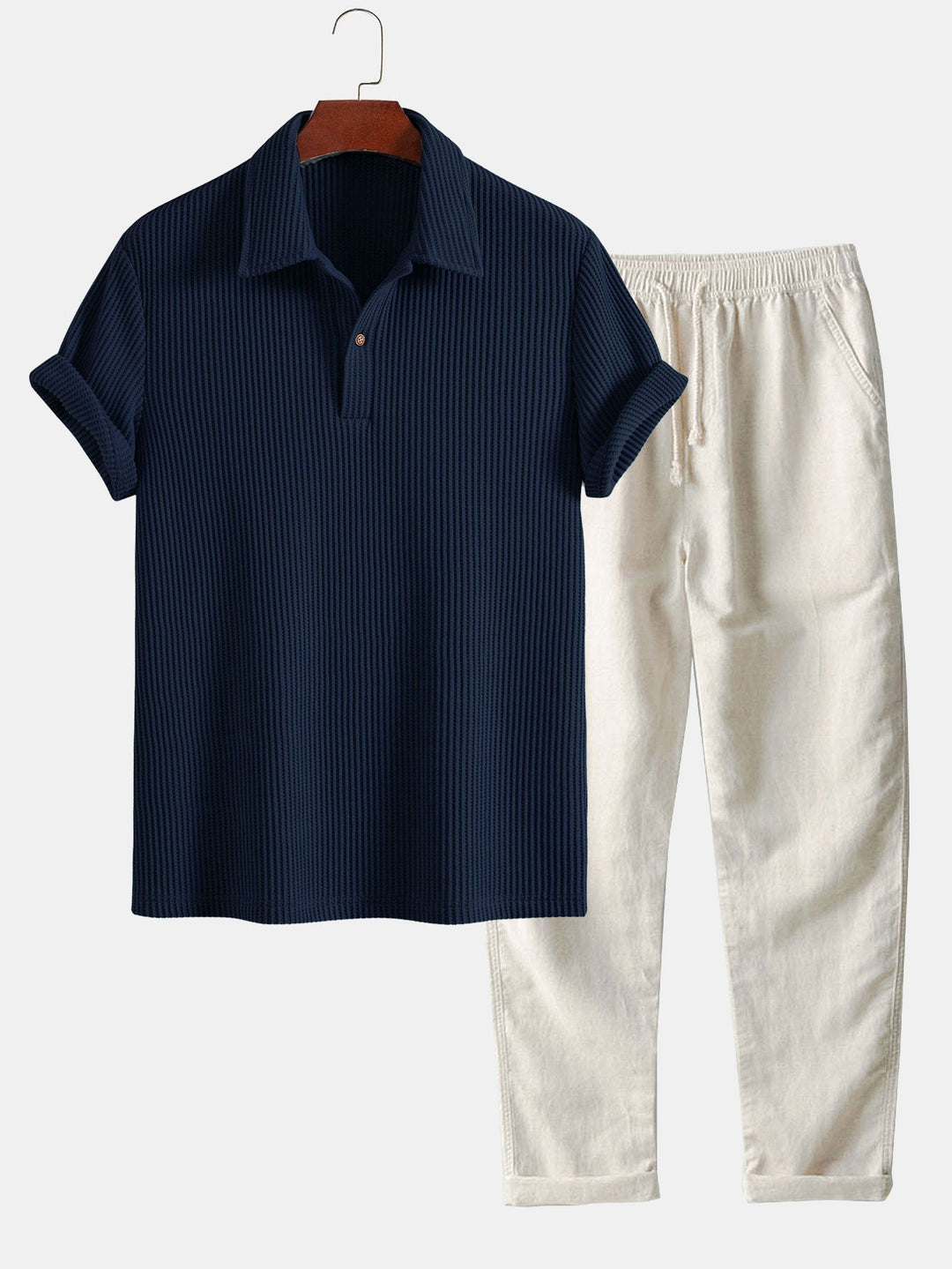 Short Sleeved Waffle Polo &amp; Straight Leg Linen Pants