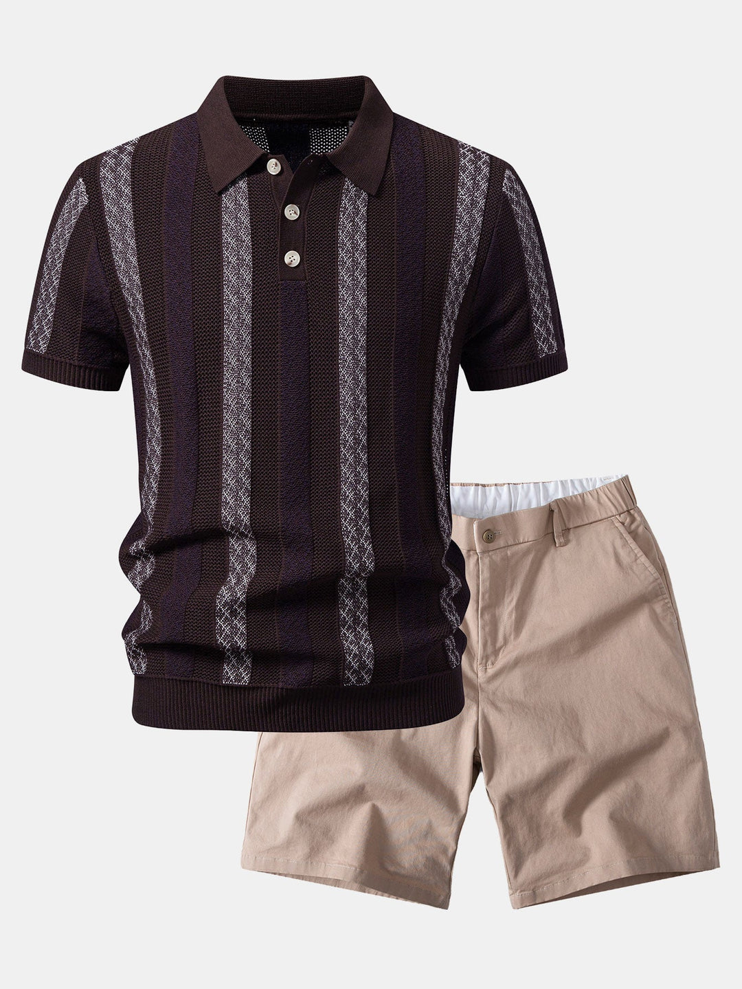 Striped Textured Knit Polo &amp; Elastic Waist Chino Shorts