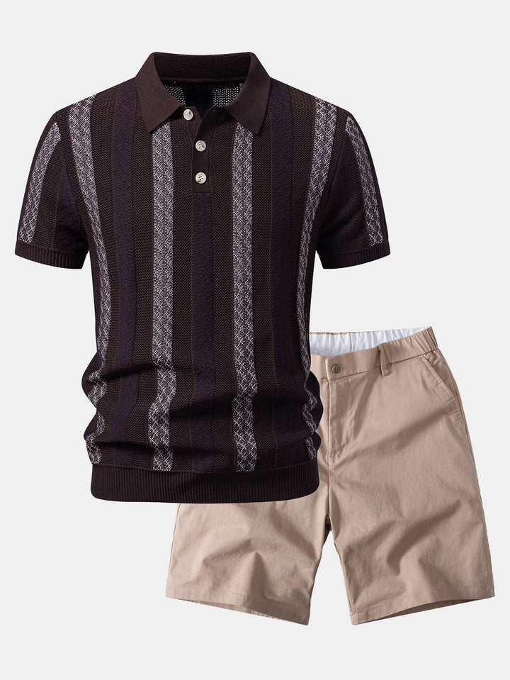 Striped Textured Knit Polo &amp; Elastic Waist Chino Shorts