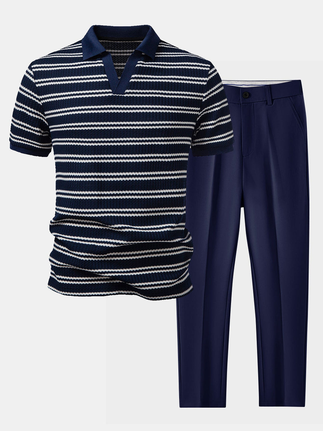 Stripe Waffle Johnny Collar Polo &amp; Slim Fit Tapered Trousers
