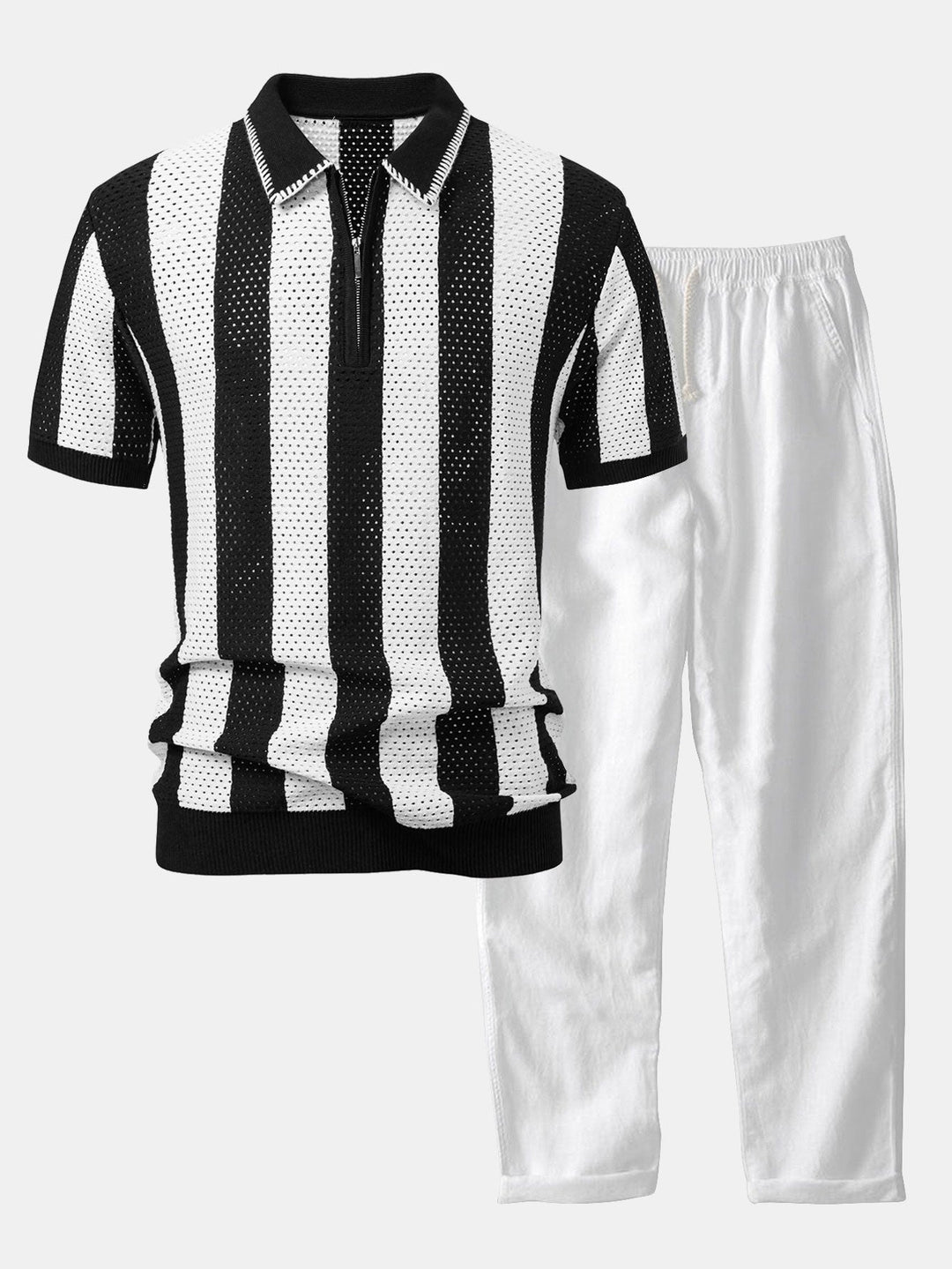 Striped Eyelet Knit Zip Up Polo Shirt &amp; Straight Leg Linen Pants