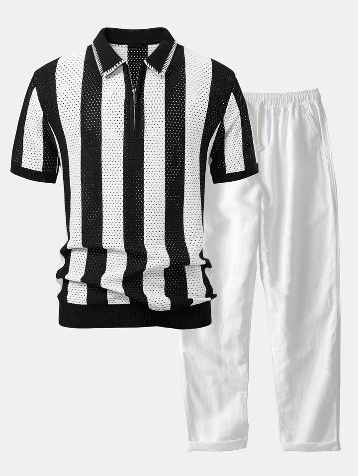 Striped Eyelet Knit Zip Up Polo Shirt &amp; Straight Leg Linen Pants