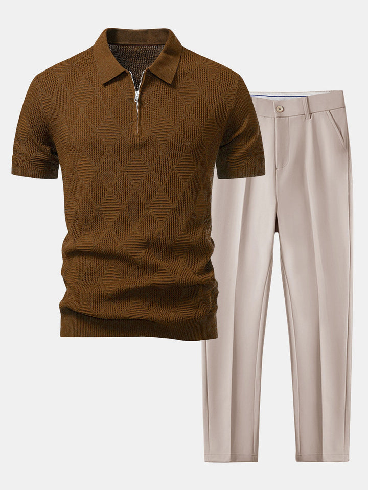 Rhombus Textured Zip Up Knitted Polo Shirt &amp; Slim Fit Tapered Trousers