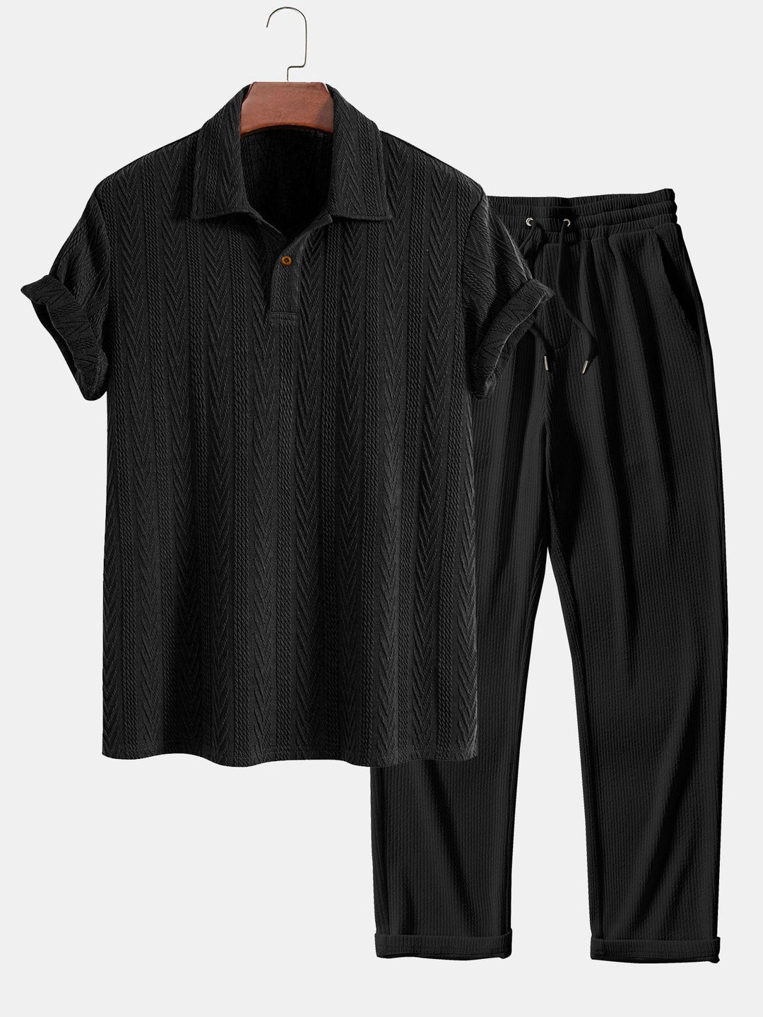 Short Sleeve Jacquard Polo &amp; Straight Leg Ribbed Pants