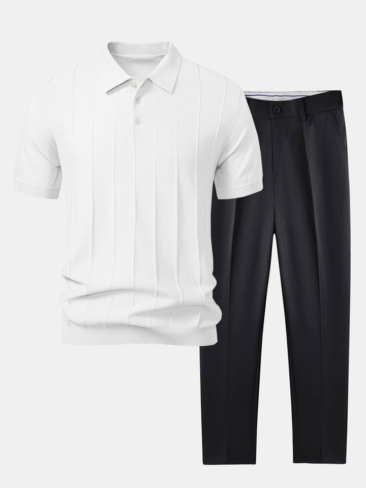 Stripe Jacquard Knit Polo Shirt &amp; Slim Fit Tapered Trousers